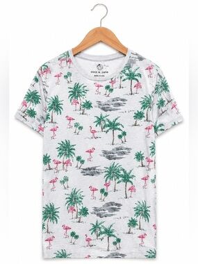 Free Planet Flamingo Palm Tree Hawaiian Graphic Tee XS Tropical Shirt